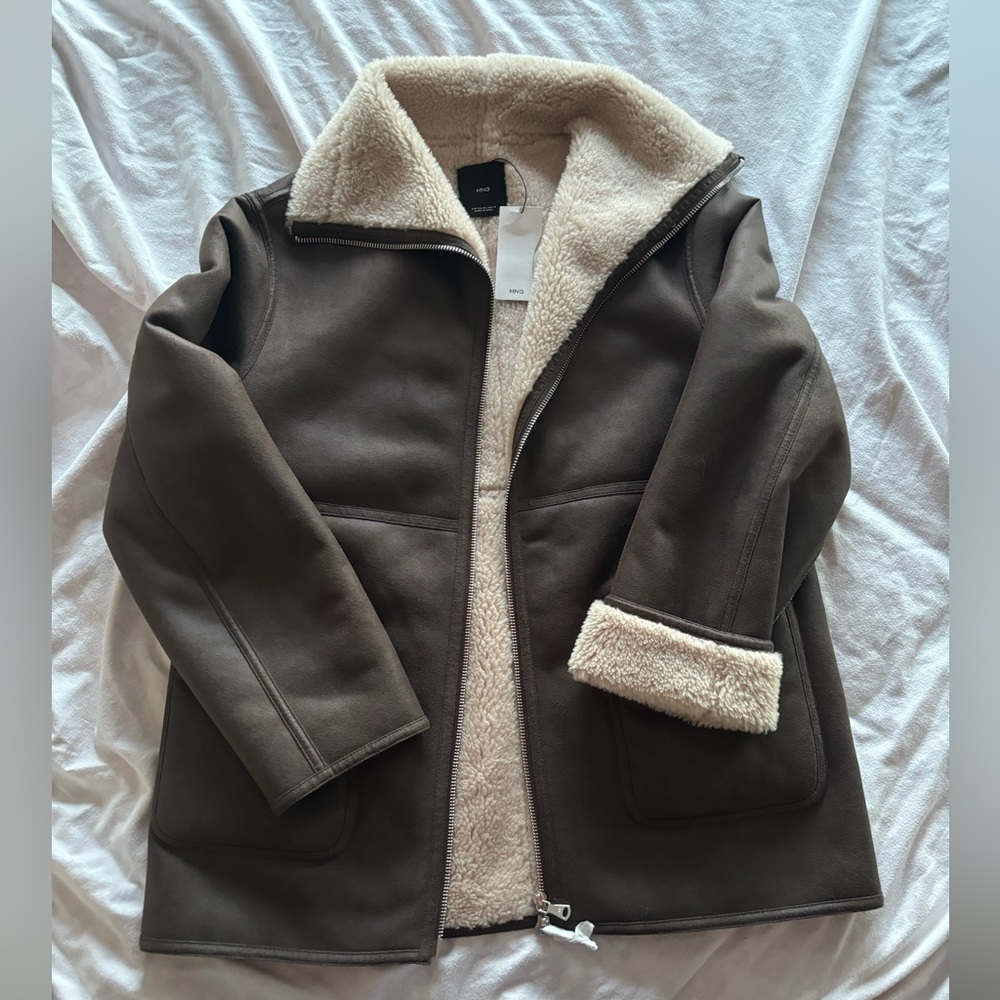 Mango faux leather shearling lined coat jacket brown cream zip size M NWT